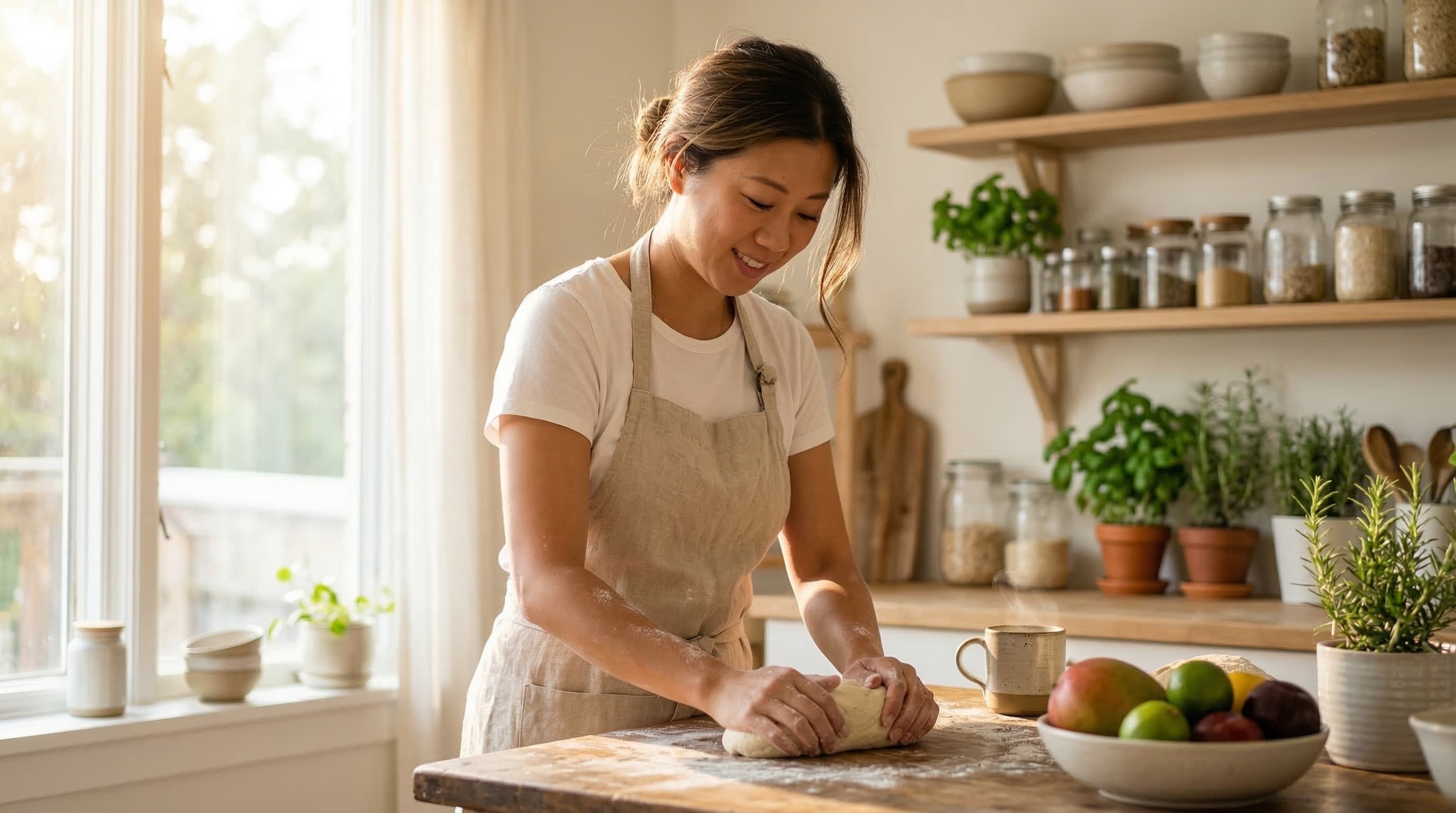 Sam kneading bread in her kitchen