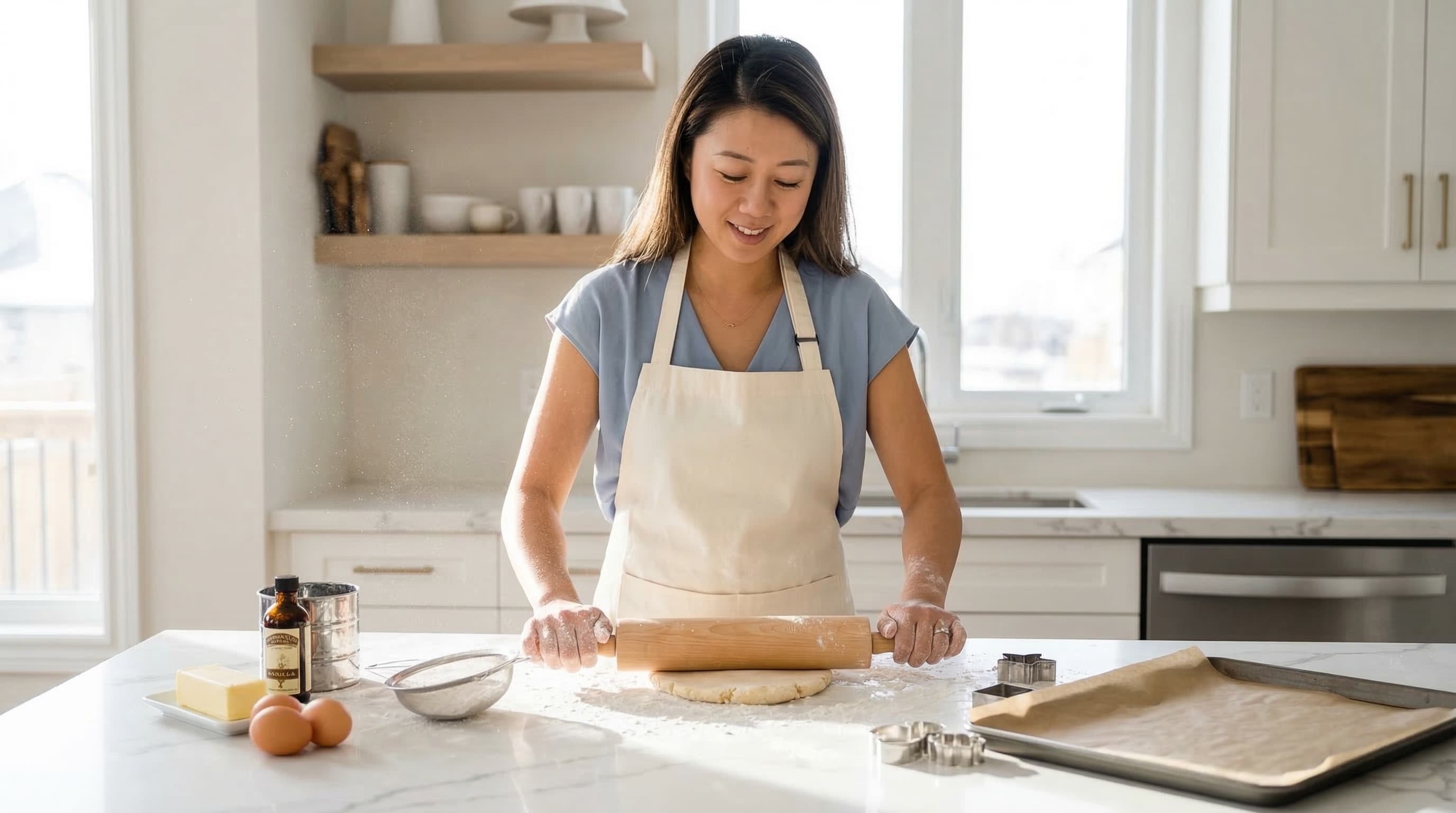 Sam rolling dough in the kitchen