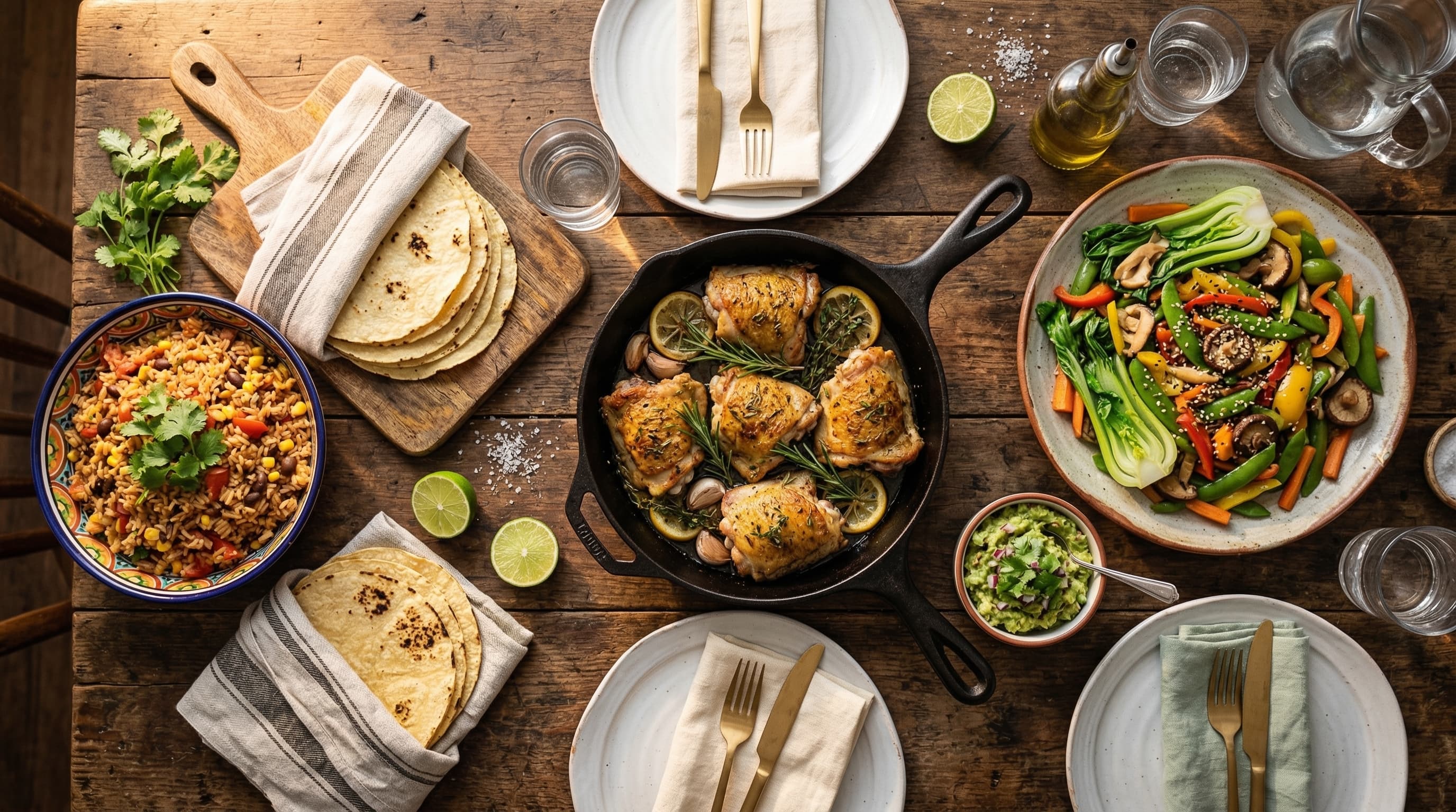 A warm family dinner table with global-inspired dishes